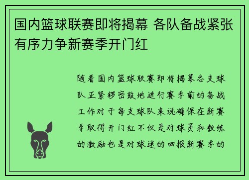 国内篮球联赛即将揭幕 各队备战紧张有序力争新赛季开门红