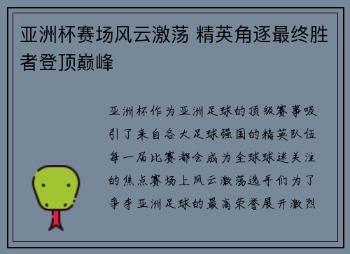 亚洲杯赛场风云激荡 精英角逐最终胜者登顶巅峰
