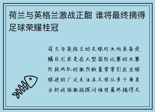 荷兰与英格兰激战正酣 谁将最终摘得足球荣耀桂冠