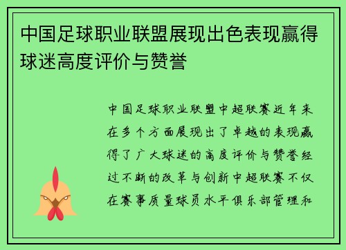 中国足球职业联盟展现出色表现赢得球迷高度评价与赞誉