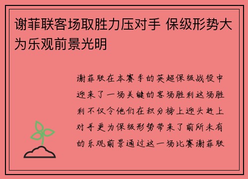 谢菲联客场取胜力压对手 保级形势大为乐观前景光明