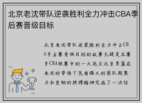 北京老沈带队逆袭胜利全力冲击CBA季后赛晋级目标